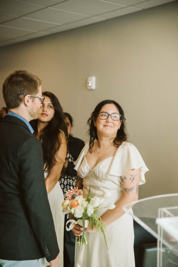 Bride and groom portrait on Pryor Street outside the Fulton County Courthouse wedding in downtown Atlanta
